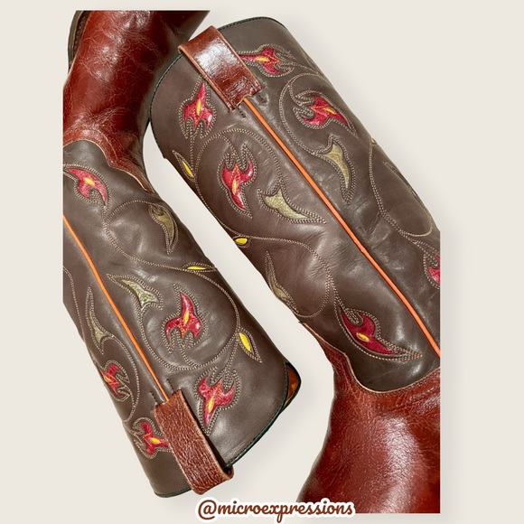 1970s VINTAGE Frye Prairie Flower Boho Brown Real Leather Western Cowboy Boots - Picture 13 of 15